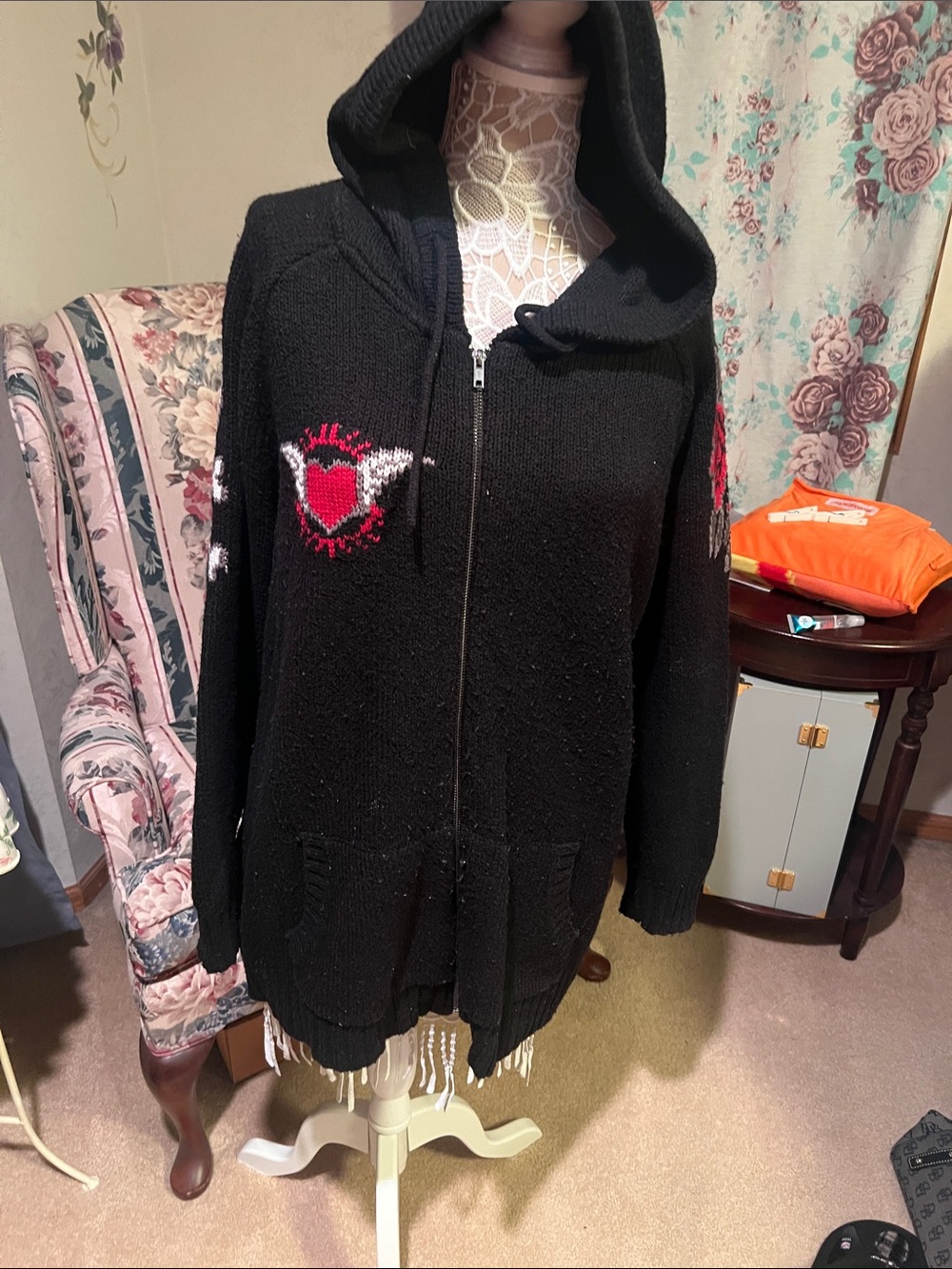 torrid Black Hooded Zip Cardigan with Red Heart Accent